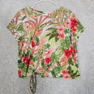 J Jill Love Linen Tie Side Top Large Petite Floral Tropical Short Sleeve